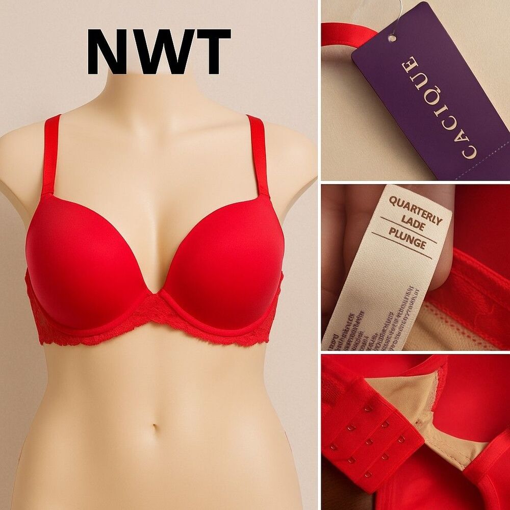NWT Cacique 44C Quarterly Lace Plunge Bra Red Underwire Lightly Lined Plus Size